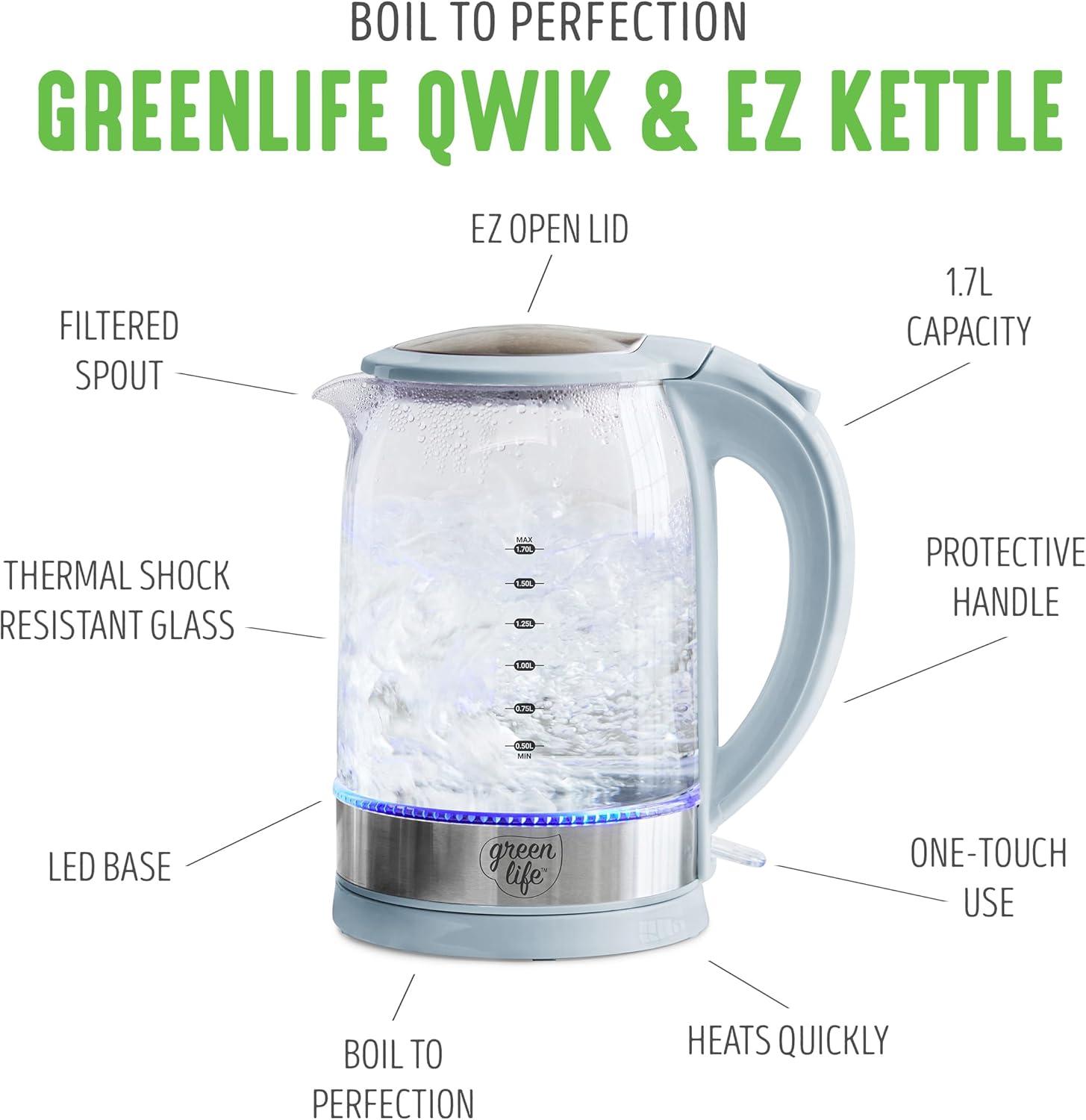 imageGreenLife 17 Liter Glass Electric Kettle Easy One Touch Use Quick Heating Filtered Spout LED Base Auto ShutOff Cordless Serving Coffee and Tea PinkBlue Haze