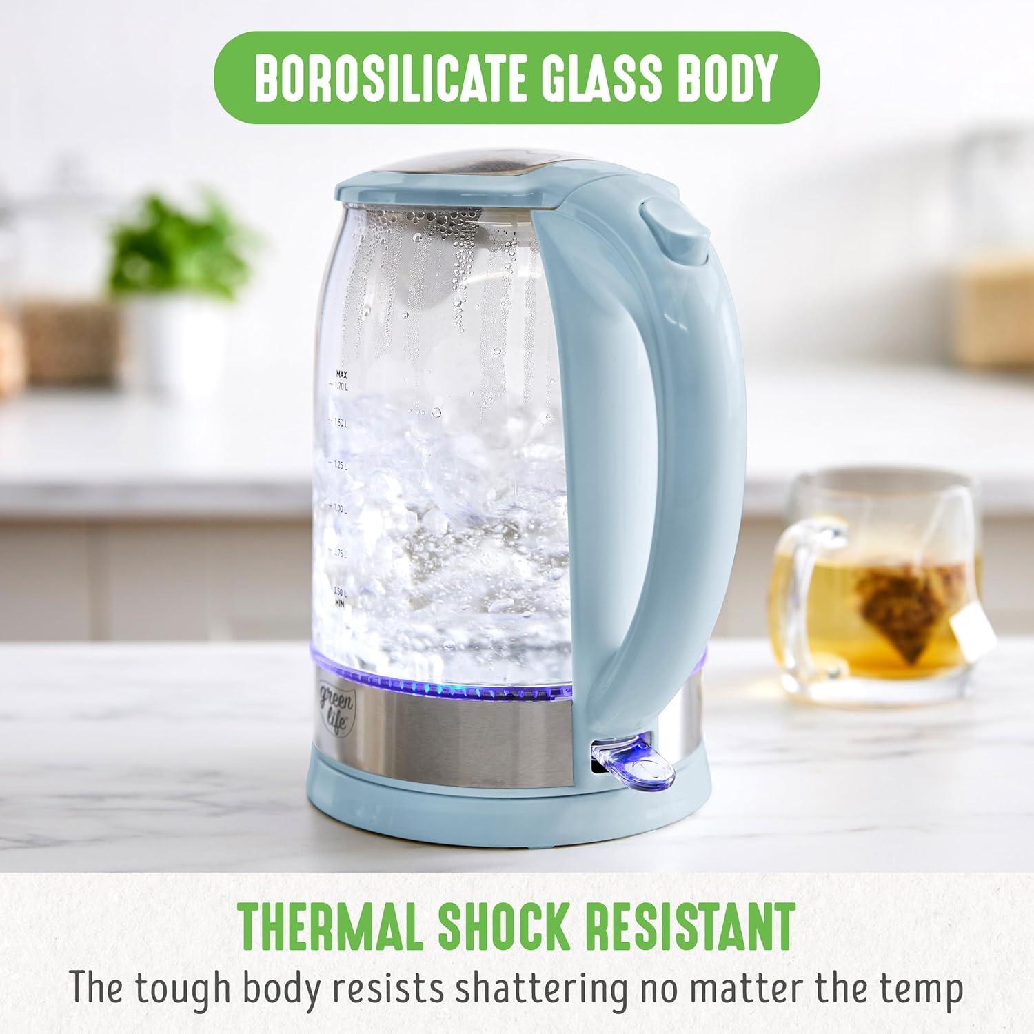 imageGreenLife 17 Liter Glass Electric Kettle Easy One Touch Use Quick Heating Filtered Spout LED Base Auto ShutOff Cordless Serving Coffee and Tea PinkBlue Haze