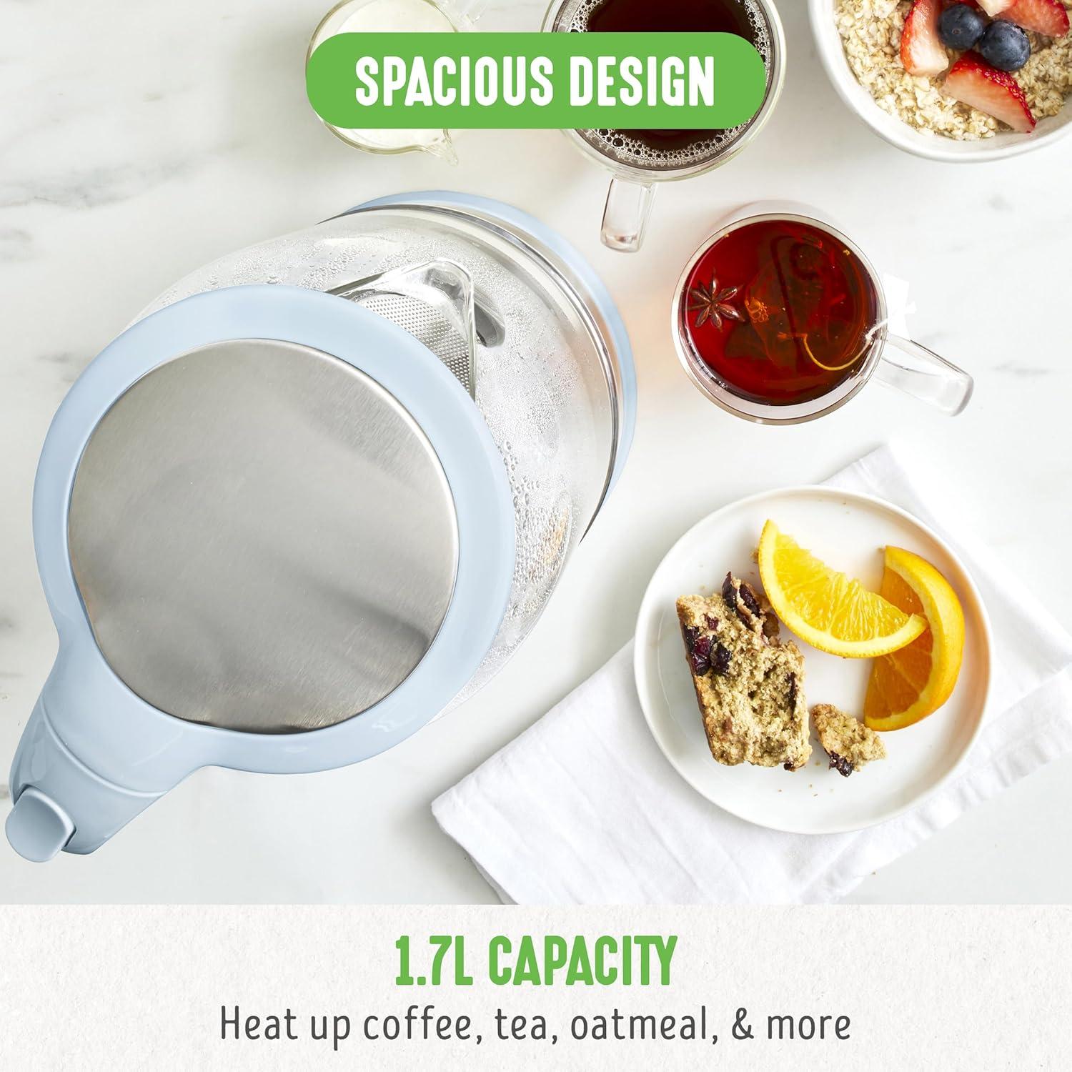 imageGreenLife 17 Liter Glass Electric Kettle Easy One Touch Use Quick Heating Filtered Spout LED Base Auto ShutOff Cordless Serving Coffee and Tea PinkBlue Haze