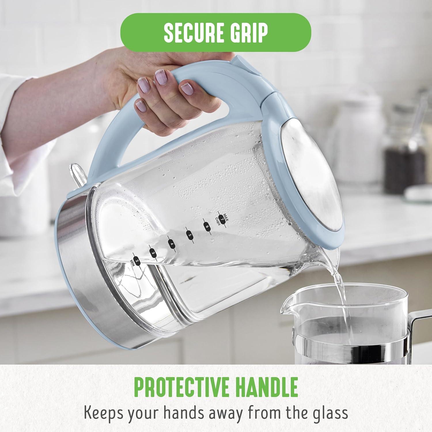 imageGreenLife 17 Liter Glass Electric Kettle Easy One Touch Use Quick Heating Filtered Spout LED Base Auto ShutOff Cordless Serving Coffee and Tea PinkBlue Haze