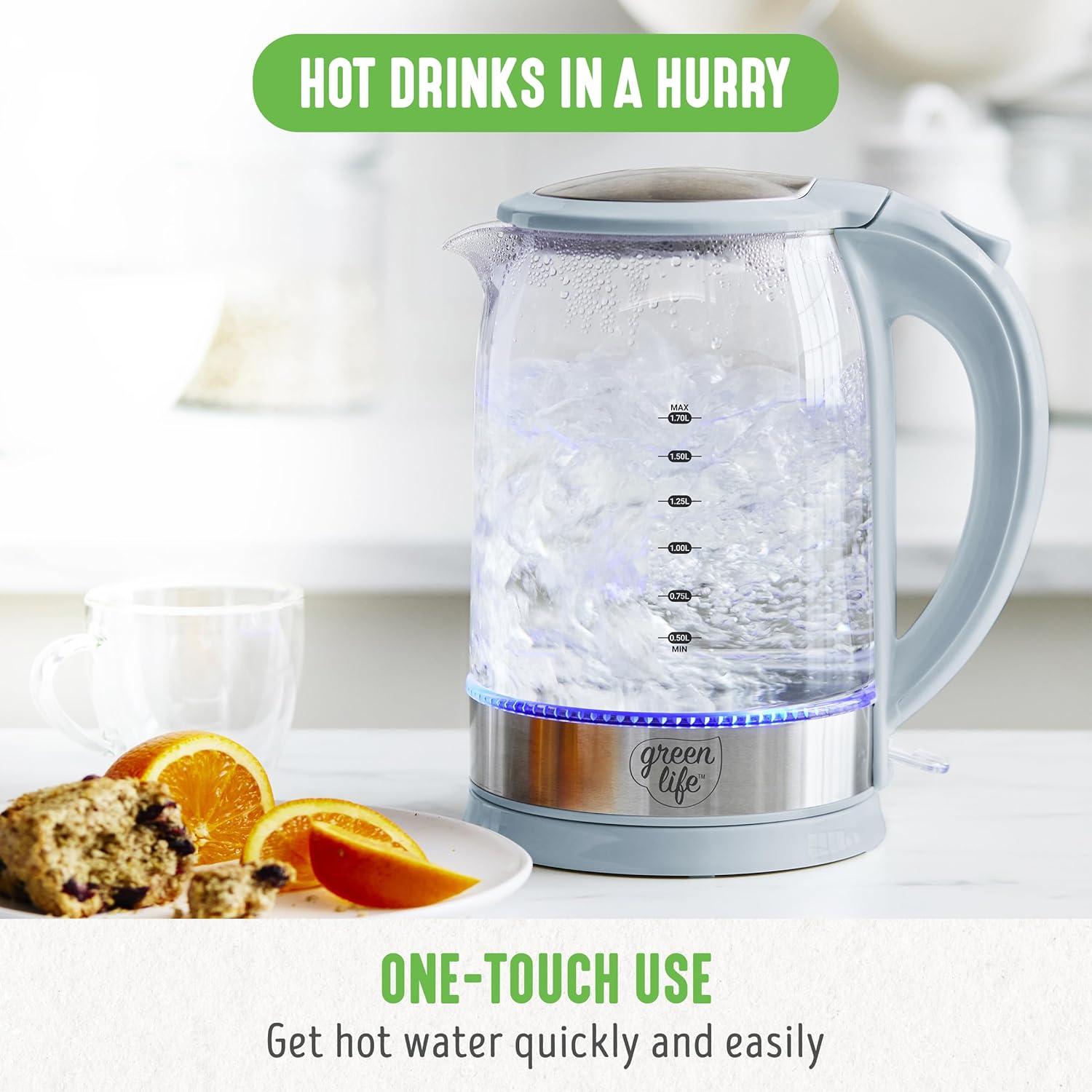 imageGreenLife 17 Liter Glass Electric Kettle Easy One Touch Use Quick Heating Filtered Spout LED Base Auto ShutOff Cordless Serving Coffee and Tea PinkBlue Haze