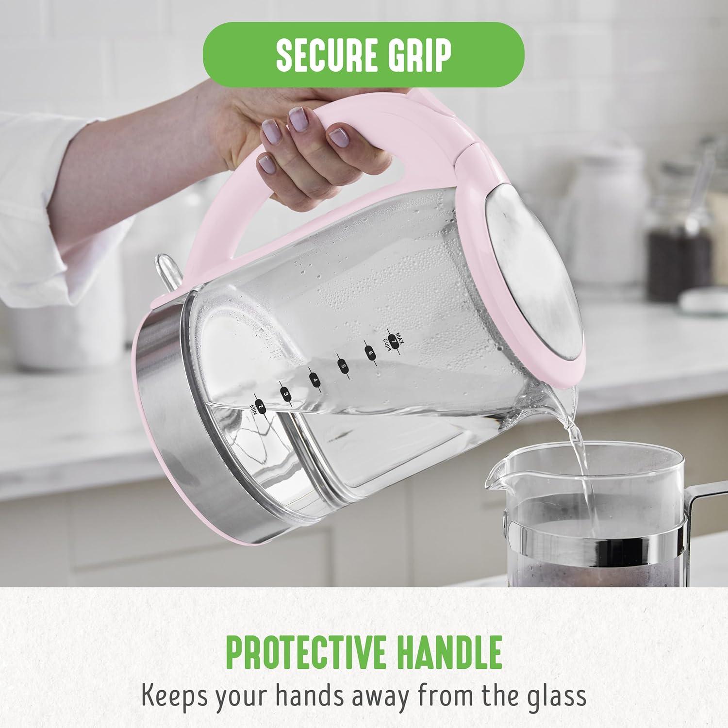 imageGreenLife 17 Liter Glass Electric Kettle Easy One Touch Use Quick Heating Filtered Spout LED Base Auto ShutOff Cordless Serving Coffee and Tea PinkPink