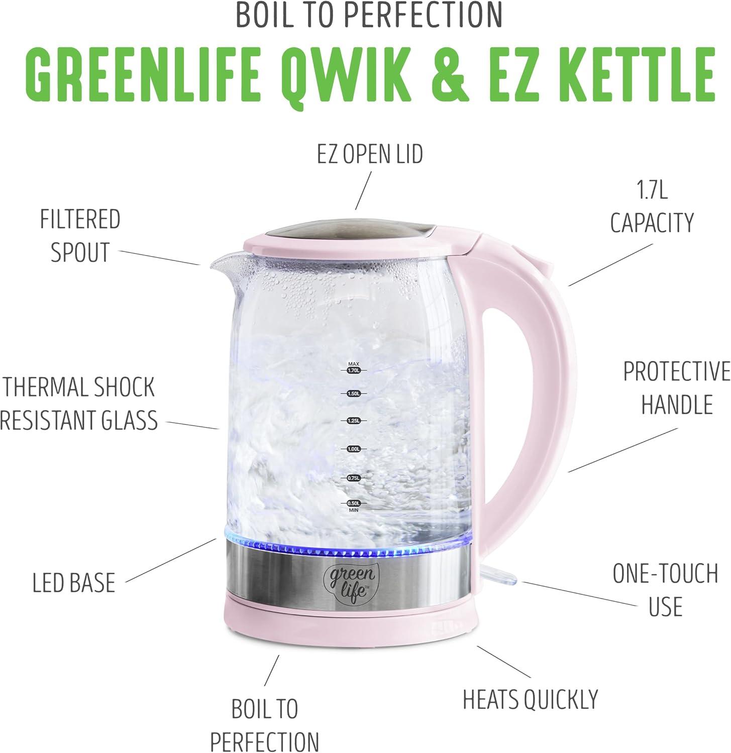 imageGreenLife 17 Liter Glass Electric Kettle Easy One Touch Use Quick Heating Filtered Spout LED Base Auto ShutOff Cordless Serving Coffee and Tea PinkPink