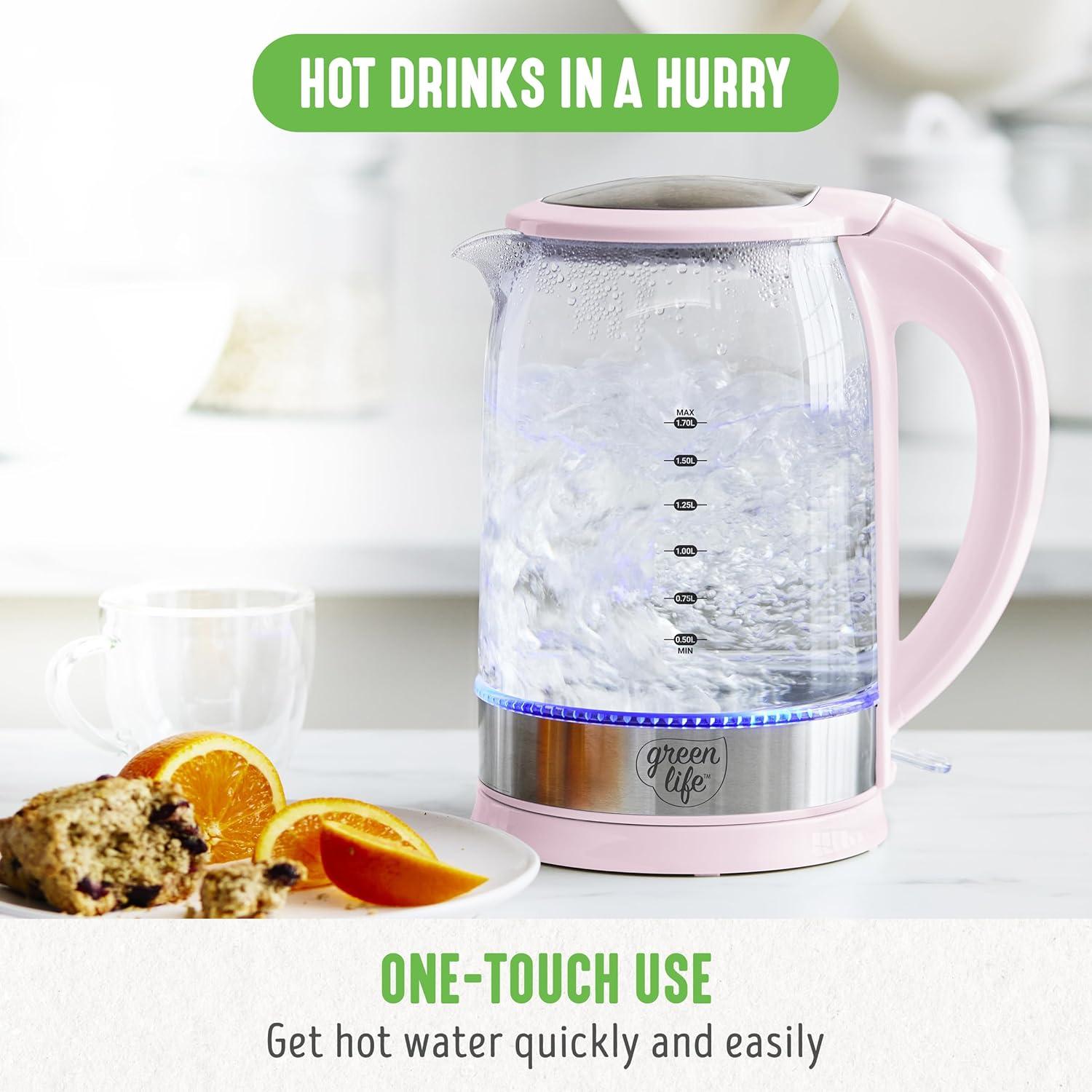 imageGreenLife 17 Liter Glass Electric Kettle Easy One Touch Use Quick Heating Filtered Spout LED Base Auto ShutOff Cordless Serving Coffee and Tea PinkPink