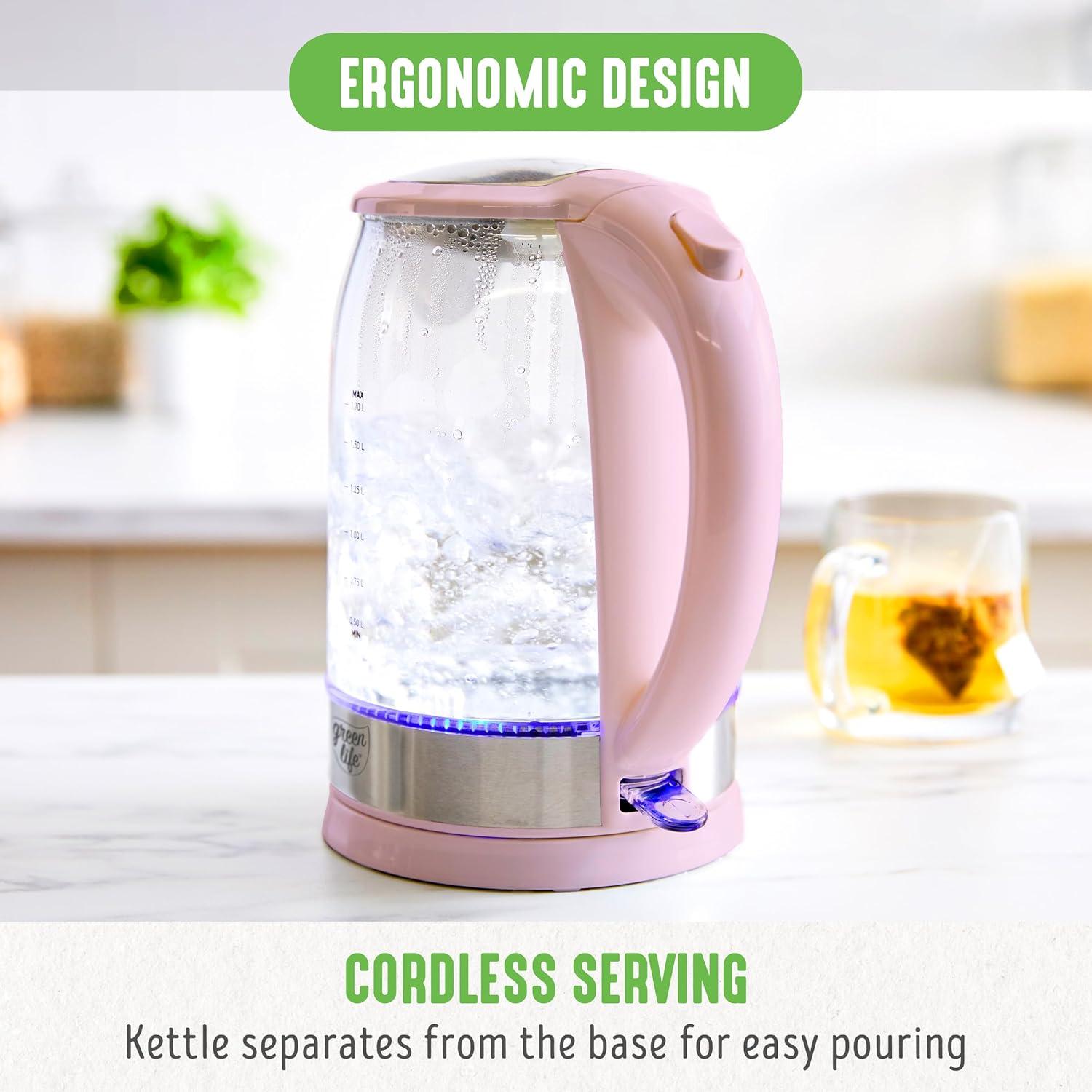 imageGreenLife 17 Liter Glass Electric Kettle Easy One Touch Use Quick Heating Filtered Spout LED Base Auto ShutOff Cordless Serving Coffee and Tea PinkPink
