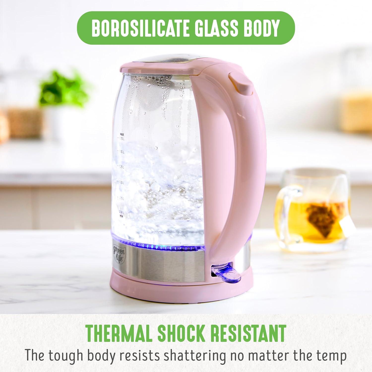 imageGreenLife 17 Liter Glass Electric Kettle Easy One Touch Use Quick Heating Filtered Spout LED Base Auto ShutOff Cordless Serving Coffee and Tea PinkPink