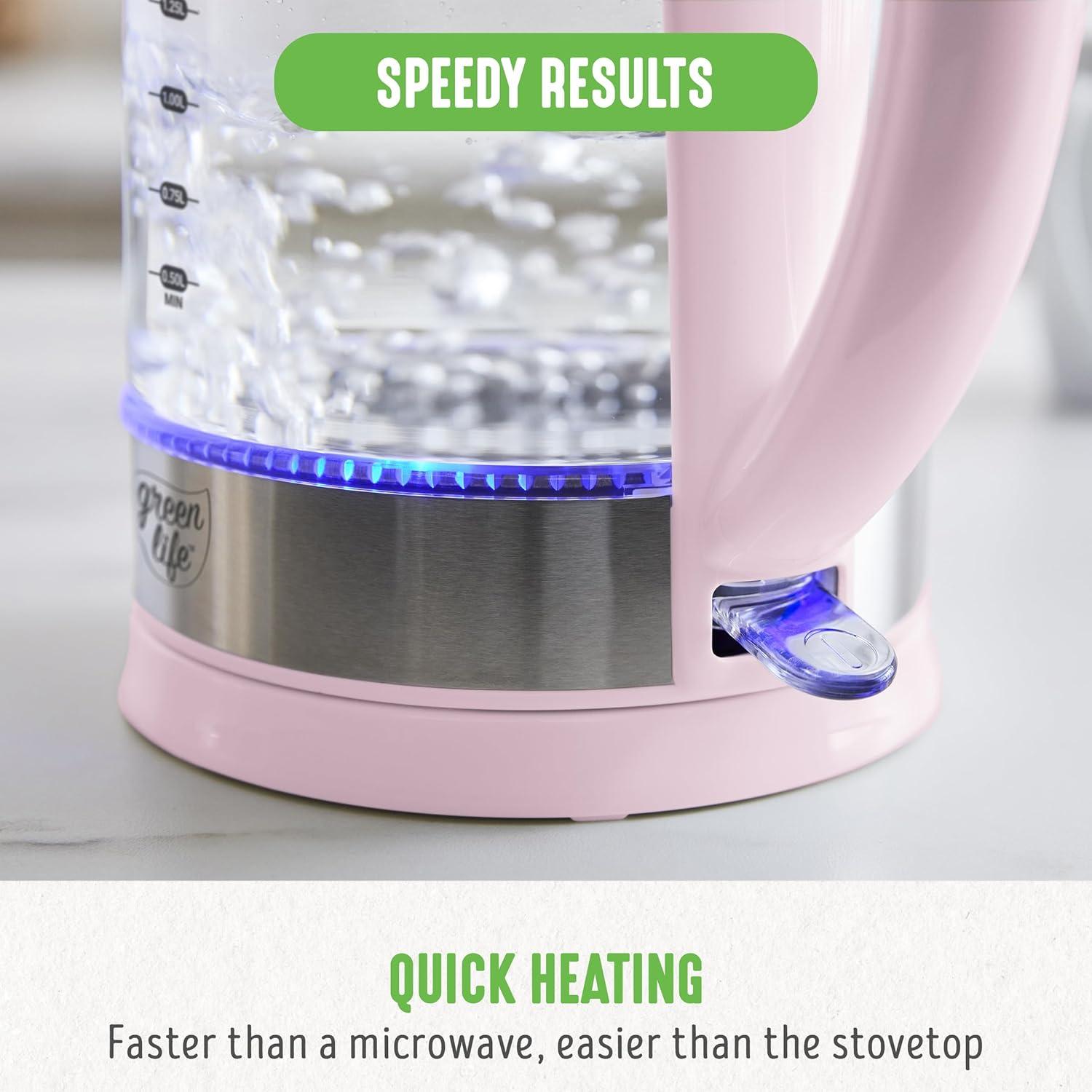 imageGreenLife 17 Liter Glass Electric Kettle Easy One Touch Use Quick Heating Filtered Spout LED Base Auto ShutOff Cordless Serving Coffee and Tea PinkPink