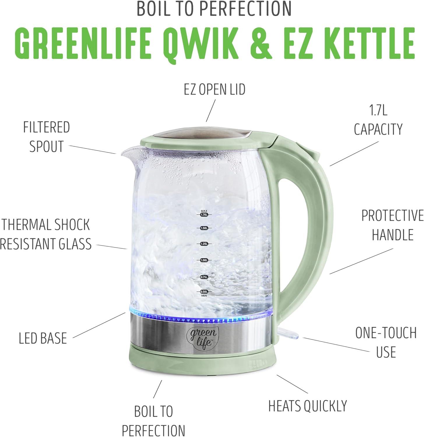 imageGreenLife 17 Liter Glass Electric Kettle Easy One Touch Use Quick Heating Filtered Spout LED Base Auto ShutOff Cordless Serving Coffee and Tea PinkSage Green