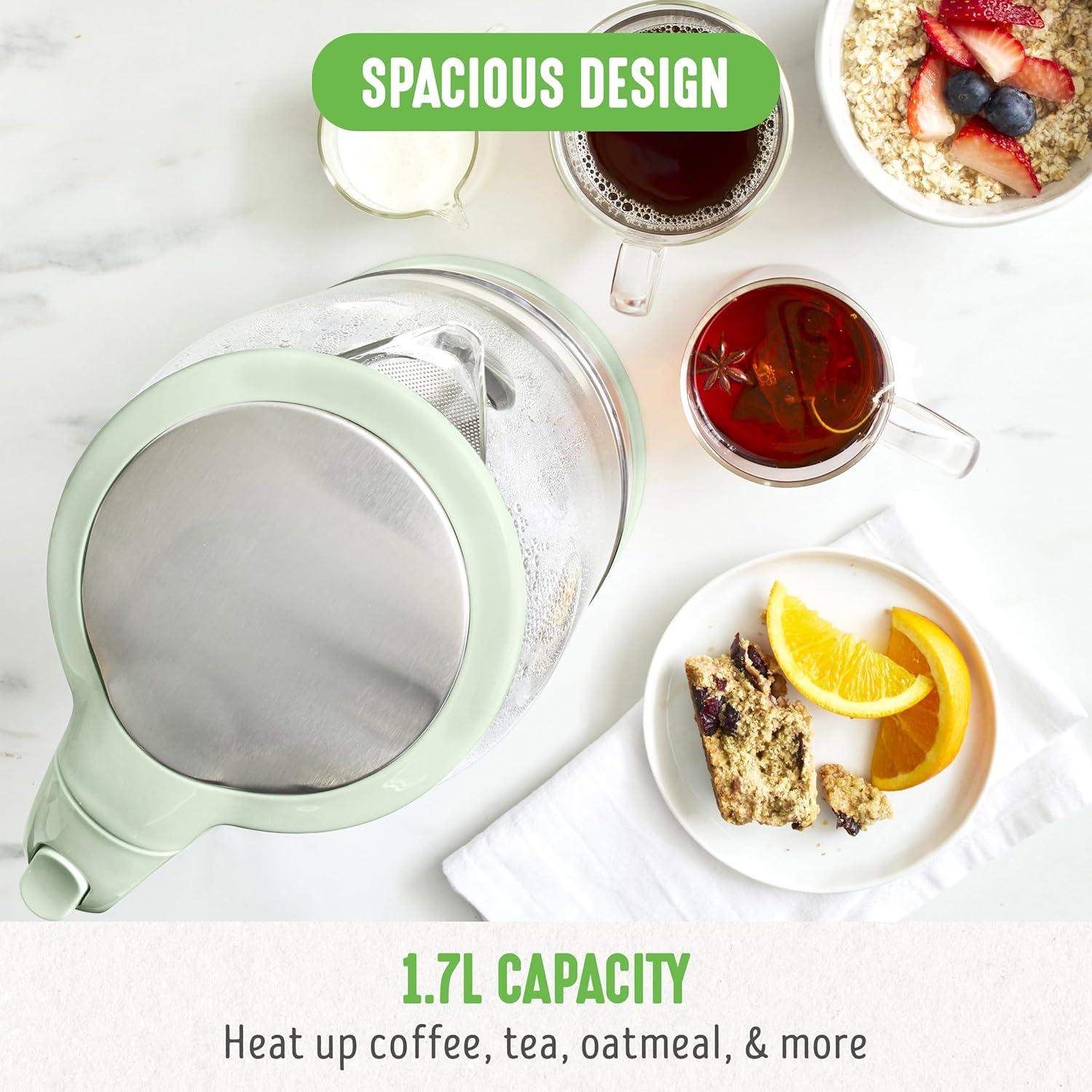 imageGreenLife 17 Liter Glass Electric Kettle Easy One Touch Use Quick Heating Filtered Spout LED Base Auto ShutOff Cordless Serving Coffee and Tea PinkSage Green