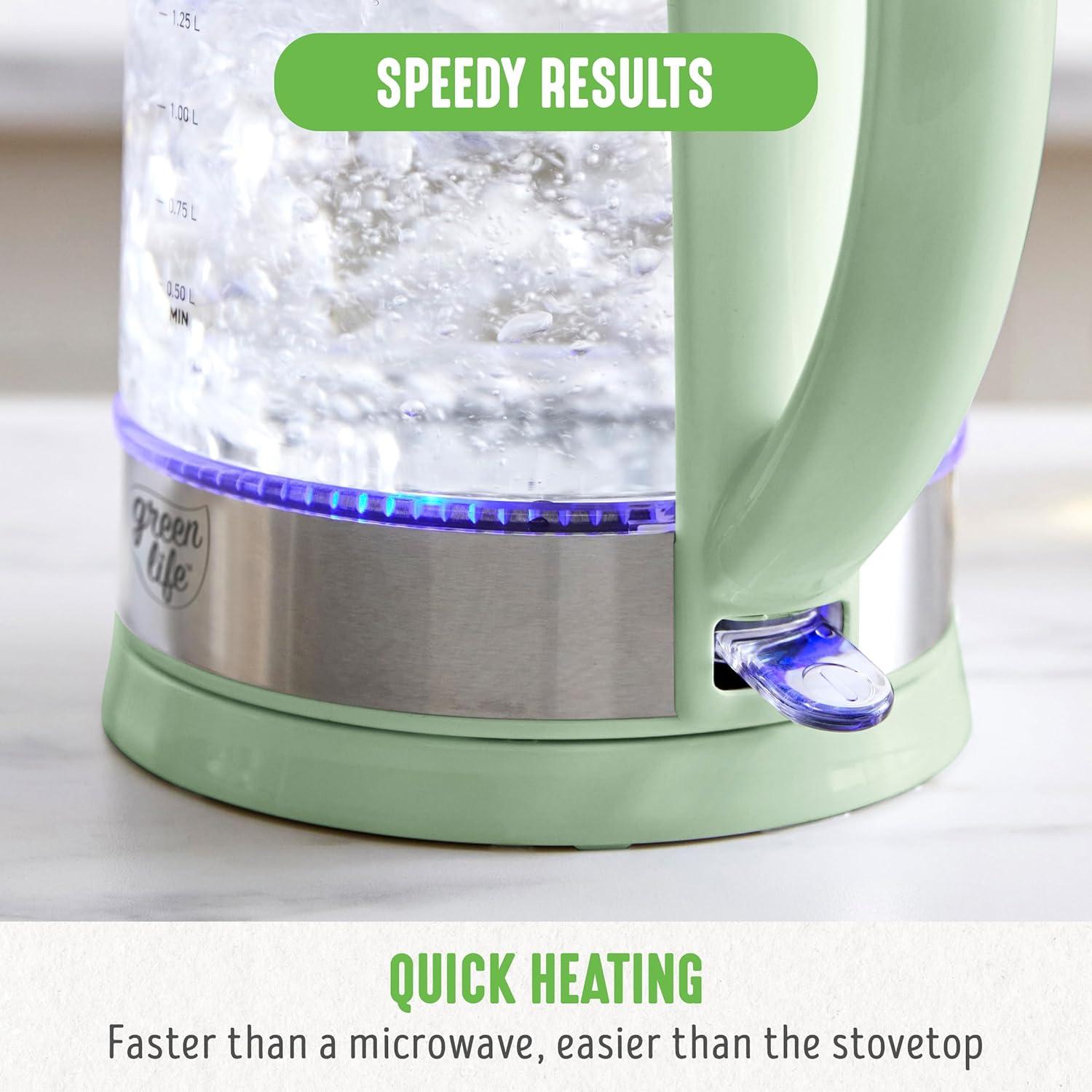 imageGreenLife 17 Liter Glass Electric Kettle Easy One Touch Use Quick Heating Filtered Spout LED Base Auto ShutOff Cordless Serving Coffee and Tea PinkSage Green