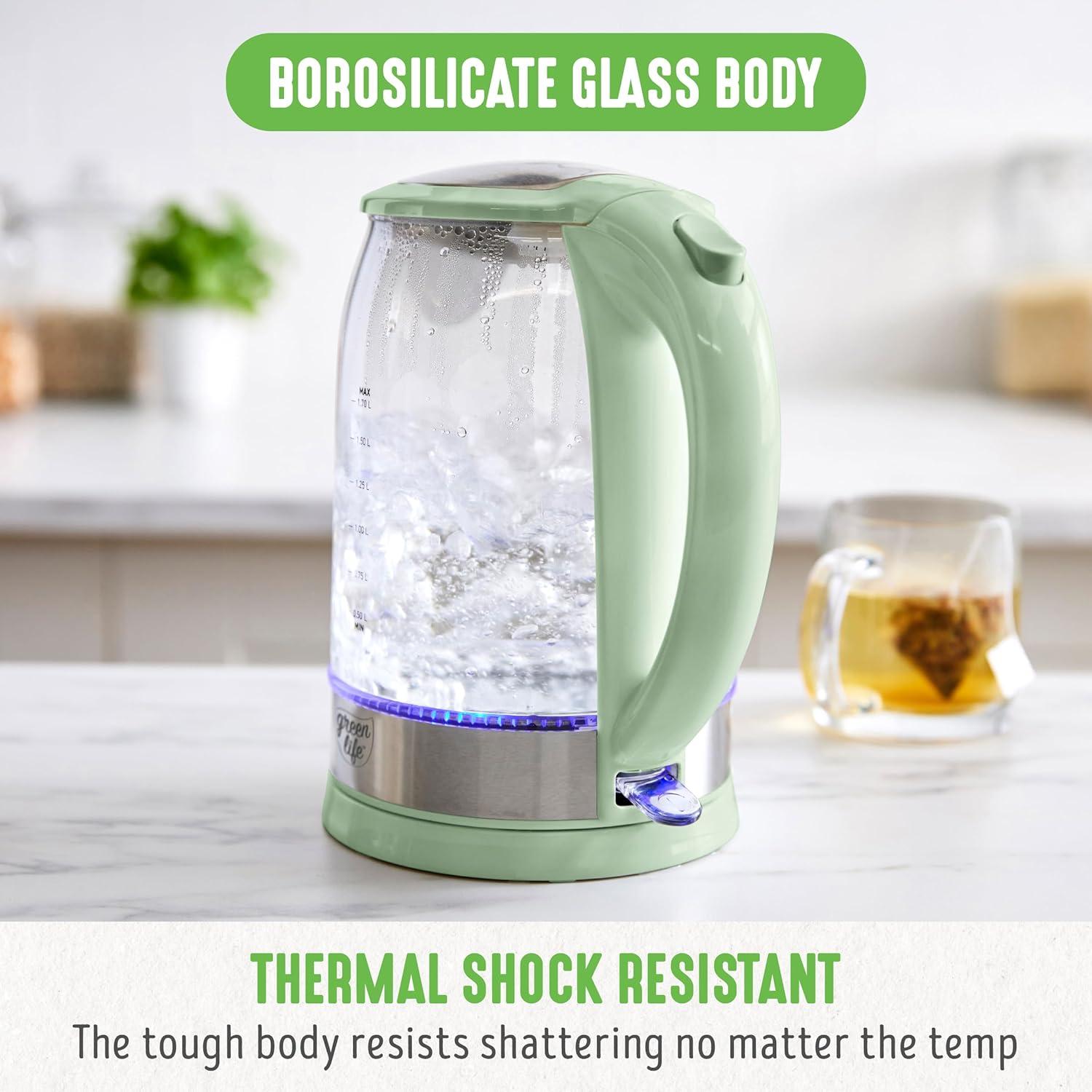imageGreenLife 17 Liter Glass Electric Kettle Easy One Touch Use Quick Heating Filtered Spout LED Base Auto ShutOff Cordless Serving Coffee and Tea PinkSage Green