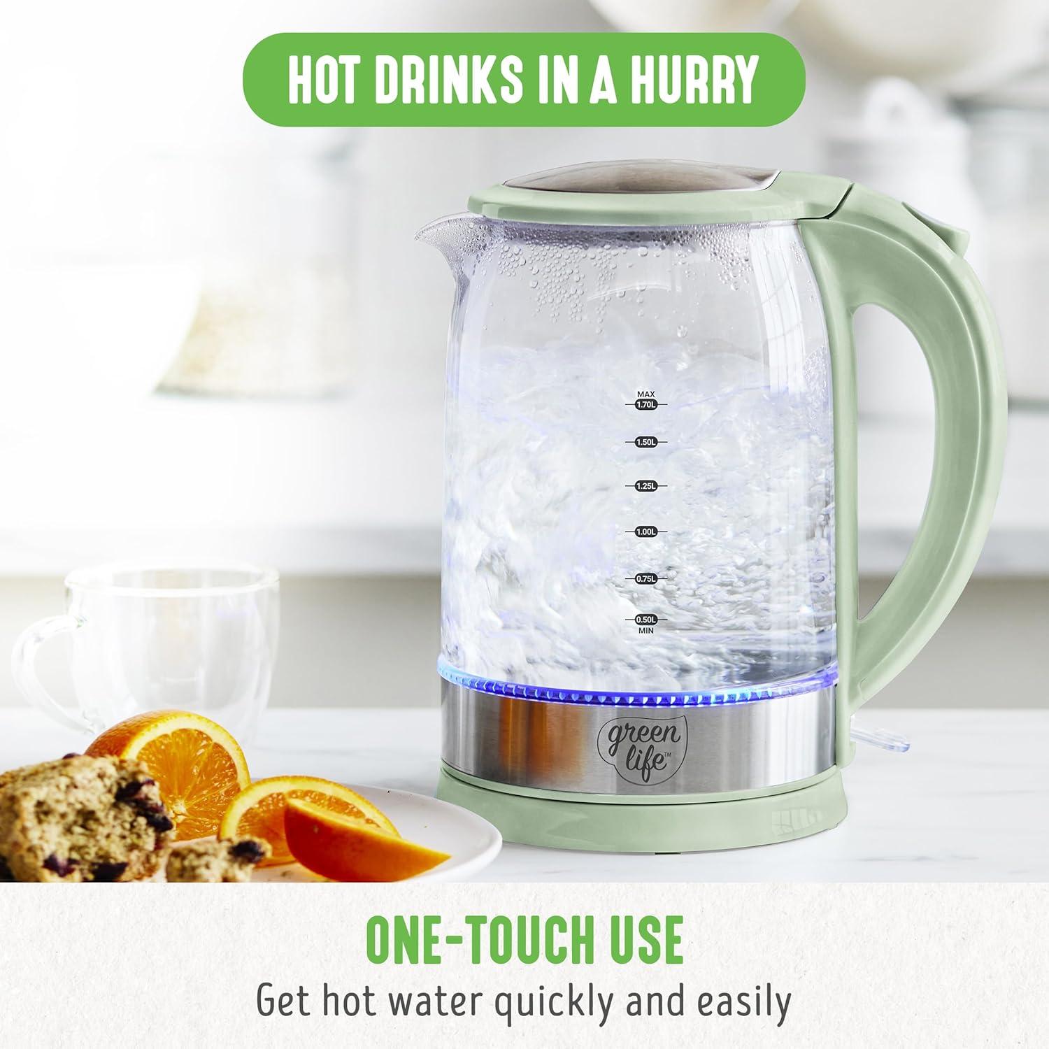 imageGreenLife 17 Liter Glass Electric Kettle Easy One Touch Use Quick Heating Filtered Spout LED Base Auto ShutOff Cordless Serving Coffee and Tea PinkSage Green