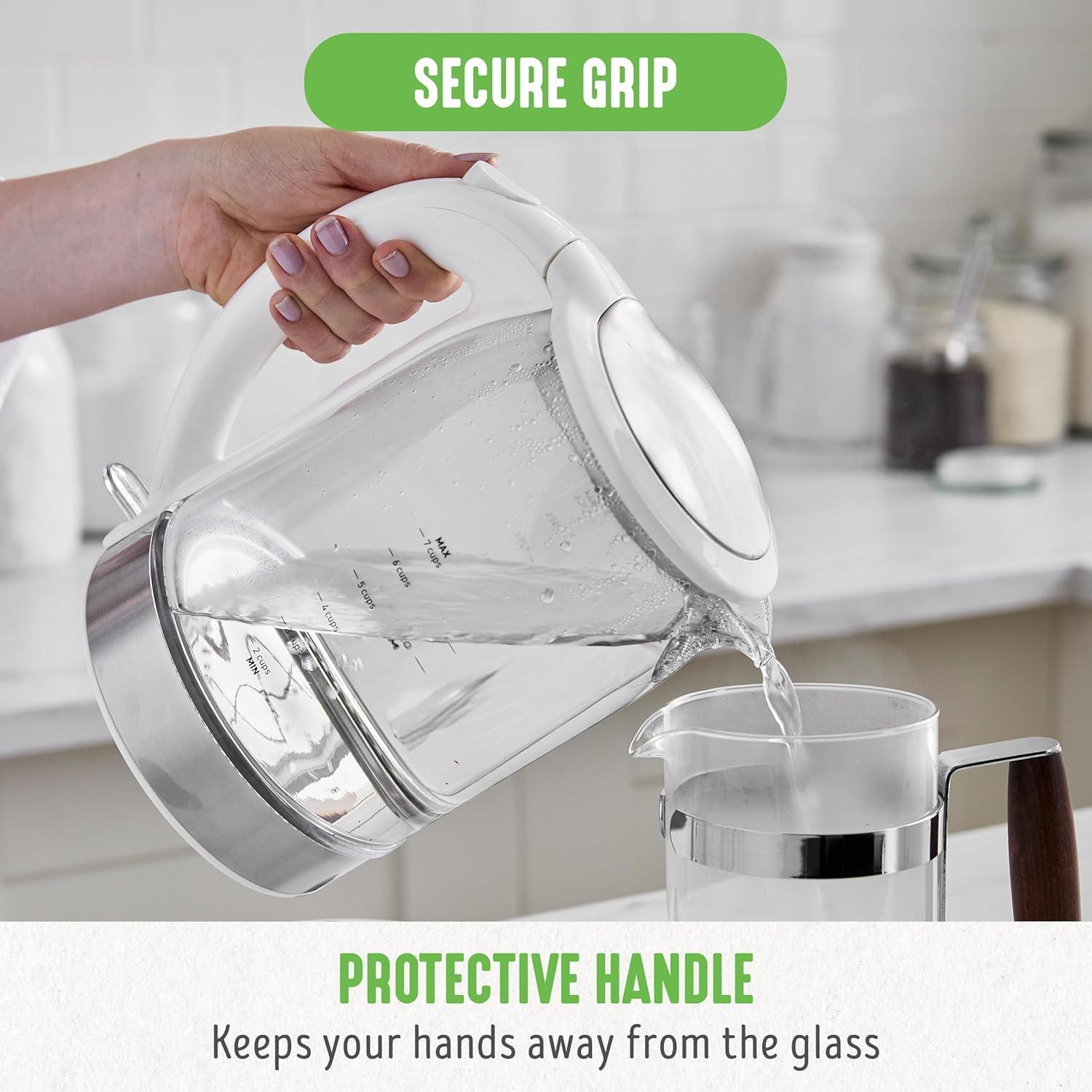 imageGreenLife 17 Liter Glass Electric Kettle Easy One Touch Use Quick Heating Filtered Spout LED Base Auto ShutOff Cordless Serving Coffee and Tea PinkWhite