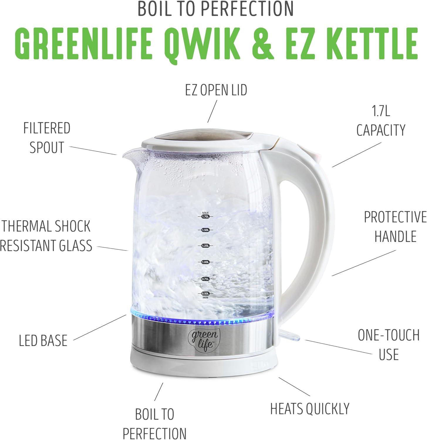 imageGreenLife 17 Liter Glass Electric Kettle Easy One Touch Use Quick Heating Filtered Spout LED Base Auto ShutOff Cordless Serving Coffee and Tea PinkWhite