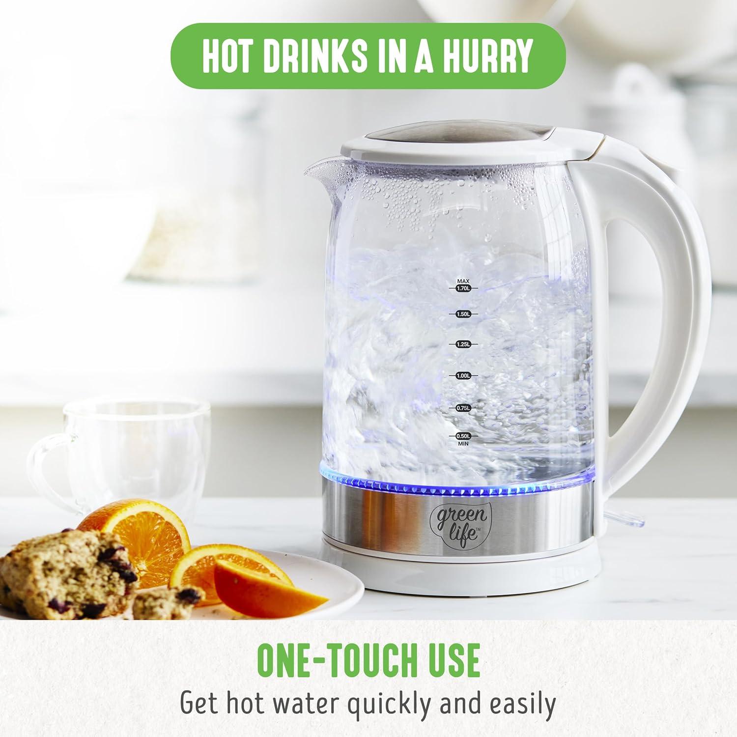 imageGreenLife 17 Liter Glass Electric Kettle Easy One Touch Use Quick Heating Filtered Spout LED Base Auto ShutOff Cordless Serving Coffee and Tea PinkWhite