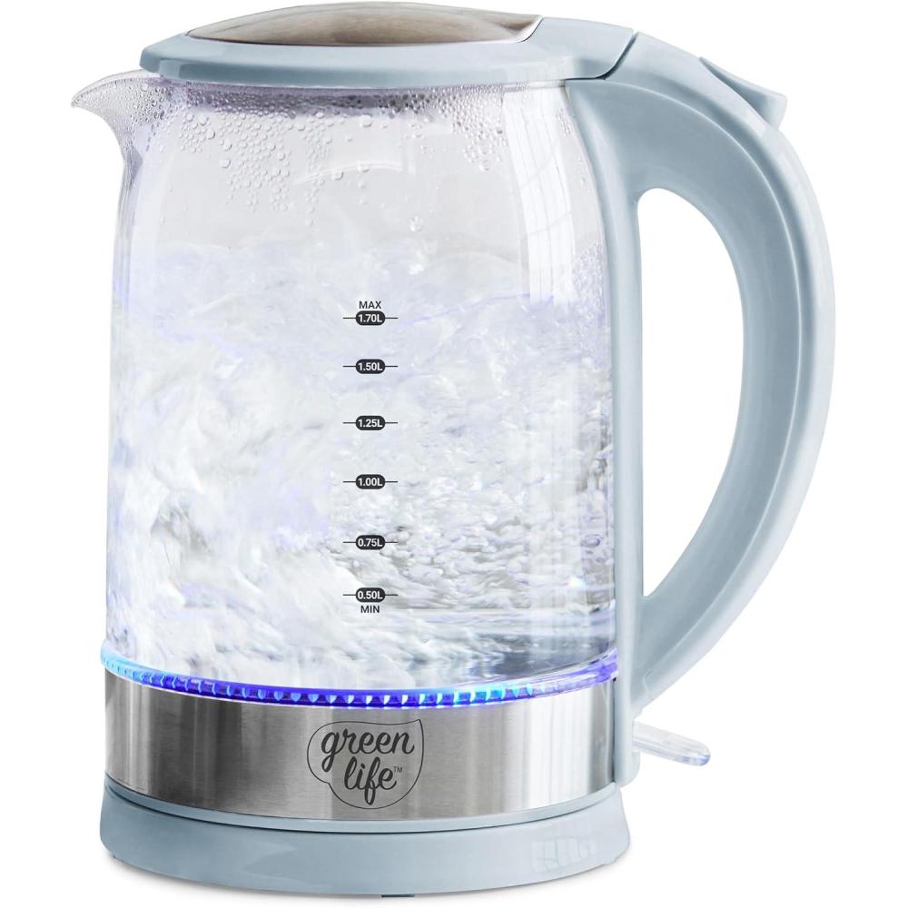 imageGreenLife 17 Liter Glass Electric Kettle Easy One Touch Use Quick Heating Filtered Spout LED Base Auto ShutOff Cordless Serving Coffee and Tea PinkBlue Haze