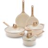 imageGreenLife Arte 8 Piece Ceramic Nonstick Cookware Pots and Pans Set Induction Suitable PFOA ampamp PFAS Free Wood Print Handles Glass Lids Stock Saucepans ampamp Frying Pans Dishwasher Safe Speckled CreamSpeckled Cream