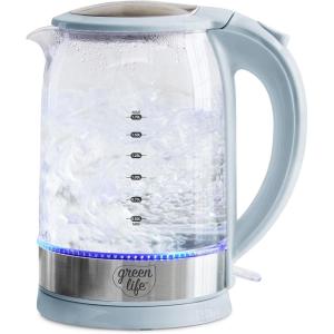 imageGreenLife 17 Liter Glass Electric Kettle Easy One Touch Use Quick Heating Filtered Spout LED Base Auto ShutOff Cordless Serving Coffee and Tea PinkBlue Haze