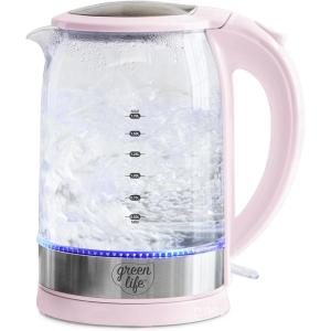 imageGreenLife 17 Liter Glass Electric Kettle Easy One Touch Use Quick Heating Filtered Spout LED Base Auto ShutOff Cordless Serving Coffee and Tea PinkPink