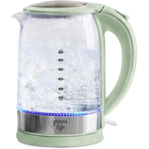 imageGreenLife 17 Liter Glass Electric Kettle Easy One Touch Use Quick Heating Filtered Spout LED Base Auto ShutOff Cordless Serving Coffee and Tea PinkSage Green