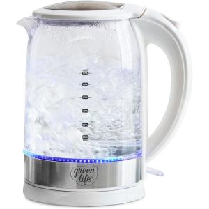 imageGreenLife 17 Liter Glass Electric Kettle Easy One Touch Use Quick Heating Filtered Spout LED Base Auto ShutOff Cordless Serving Coffee and Tea PinkWhite