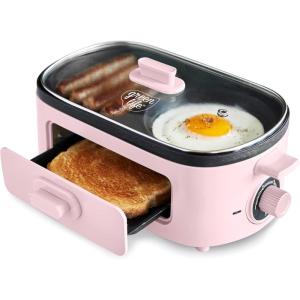 imageGreenLife 3in1 Breakfast Station Ceramic Nonstick Dual Griddles for Eggs Meat Pancakes ampamp Sandwiches  2Slice Toast Drawer Healthy Cooking Timer Versatile Morning Meal Maker PinkPink