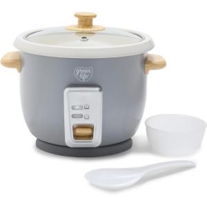 imageGreenLife 6Cup Rice Cooker Steamer PFAS Free Removable Ceramic Nonstick Pot Auto Presets Wood Print Handle Keep Warm Function One Touch Design Dishwasher Safe Measuring Cup Rice Paddle CreamQuartz Grey