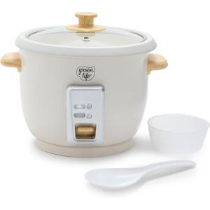 imageGreenLife 6Cup Rice Cooker Steamer PFAS Free Removable Ceramic Nonstick Pot Auto Presets Wood Print Handle Keep Warm Function One Touch Design Dishwasher Safe Measuring Cup Rice Paddle CreamCream