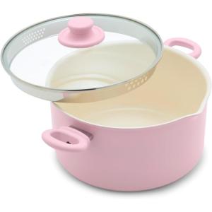 imageGreenLife 6QT Ceramic Nonstick Stockpot with Glass Straining Lid PFAS ampamp PFOAFree Dishwasher Safe StayCool Handles Oven Safe to 350F WobbleFree Base Even Heating PinkPink