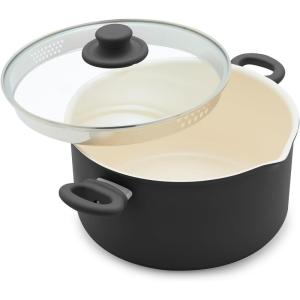 imageGreenLife 6QT Ceramic Nonstick Stockpot with Glass Straining Lid PFAS ampamp PFOAFree Dishwasher Safe StayCool Handles Oven Safe to 350F WobbleFree Base Even Heating PinkBlack