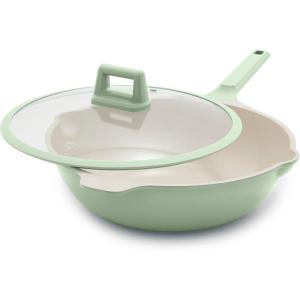 imageGreenLife Arte 8 Piece Ceramic Nonstick Cookware Pots and Pans Set Induction Suitable PFOA ampamp PFAS Free Wood Print Handles Glass Lids Stock Saucepans ampamp Frying Pans Dishwasher Safe Speckled CreamSage Green