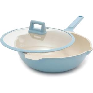 imageGreenLife Arte 8 Piece Ceramic Nonstick Cookware Pots and Pans Set Induction Suitable PFOA ampamp PFAS Free Wood Print Handles Glass Lids Stock Saucepans ampamp Frying Pans Dishwasher Safe Speckled CreamBlue Haze