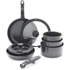 imageGreenLife Click 10Piece Ceramic Nonstick Cookware Set Detachable Handle Stackable Space Saving Kitchen Essential Non Toxic PFASFree Pots ampamp Pans Induction ampamp Oven Safe Glass Lid Speckled CreamSpeckled Black