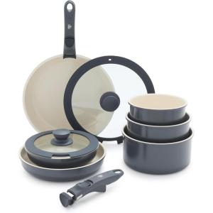 imageGreenLife Click 10Piece Ceramic Nonstick Cookware Set Detachable Handle Stackable Space Saving Kitchen Essential Non Toxic PFASFree Pots ampamp Pans Induction ampamp Oven Safe Glass Lid Speckled CreamGraphite