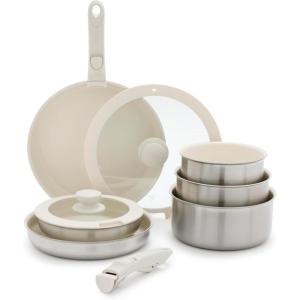 imageGreenLife Click 10Piece Ceramic Nonstick Cookware Set Detachable Handle Stackable Space Saving Kitchen Essential Non Toxic PFASFree Pots ampamp Pans Induction ampamp Oven Safe Glass Lid Speckled CreamStainless Steel