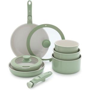 imageGreenLife Click 10Piece Ceramic Nonstick Cookware Set Detachable Handle Stackable Space Saving Kitchen Essential Non Toxic PFASFree Pots ampamp Pans Induction ampamp Oven Safe Glass Lid Speckled CreamSage Green
