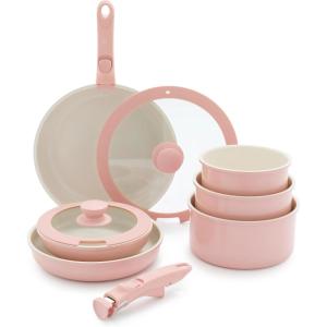 imageGreenLife Click 10Piece Ceramic Nonstick Cookware Set Detachable Handle Stackable Space Saving Kitchen Essential Non Toxic PFASFree Pots ampamp Pans Induction ampamp Oven Safe Glass Lid Speckled CreamLight Pink