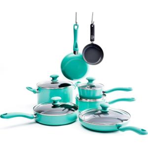 imageGreenLife Soft Grip Diamond Healthy Ceramic Nonstick 12 Piece Cookware Pots and Pans Set TurquoiseTurquoise