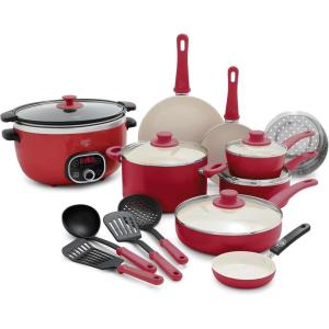 imageGreenLife Soft Grip 16 Piece Healthy Ceramic Nonstick Cookware Set Pots and Pans Set 6Quart Slow Cooker PFAS ampamp PFOAFree Dishwasher Safe Oven Safe Versatile Kitchen Essentials PinkRed