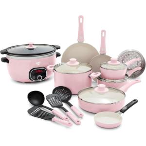 imageGreenLife Soft Grip 16 Piece Healthy Ceramic Nonstick Cookware Set Pots and Pans Set 6Quart Slow Cooker PFAS ampamp PFOAFree Dishwasher Safe Oven Safe Versatile Kitchen Essentials PinkPink