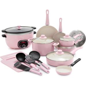 imageGreenLife Soft Grip 16 Piece Healthy Ceramic Nonstick Cookware Set Pots and Pans Set 6Quart Slow Cooker PFAS ampamp PFOAFree Dishwasher Safe Oven Safe Versatile Kitchen Essentials PinkSoft Pink
