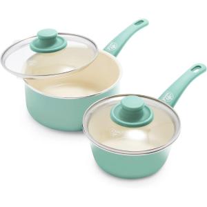 imageGreenLife Soft Grip 1QT and 2QT Saucepan Set Healthy Ceramic Nonstick Non Toxic PFAS ampamp PFOAFree Dishwasher Safe Glass Lids StayCool Handles Easy Clean Cookware Kitchen Essentials BlackTurquoise