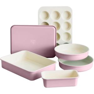 imageGreenLife 6 Piece Nonstick Bakeware Set NonToxic PFASFree Ceramic Oven Pans Dishwasher ampamp Oven Safe to 450F Easy Release Baking Sheet Loaf Pan Rectangle ampamp Round Cake Muffin Pan PinkPink