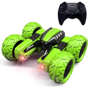 imageThreeking RC Rotating Stunt Cars Flowering Remote Control Cars Toys with Lights DoubleSided Driving 360degree Flips Rotating Car Toy GreenGreen