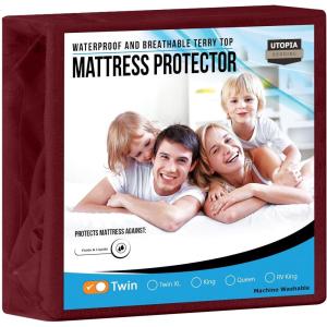 imageUtopia Bedding Waterproof Mattress Protector Twin Size Premium Terry Mattress Cover 200 GSM Breathable Fitted Style with Stretchable Pockets WhiteBurgundy