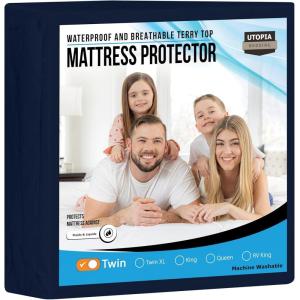 imageUtopia Bedding Waterproof Mattress Protector Twin Size Premium Terry Mattress Cover 200 GSM Breathable Fitted Style with Stretchable Pockets WhiteNavy Blue