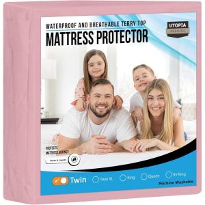 imageUtopia Bedding Waterproof Mattress Protector Twin Size Premium Terry Mattress Cover 200 GSM Breathable Fitted Style with Stretchable Pockets WhitePink
