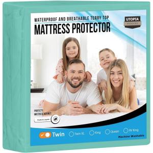imageUtopia Bedding Waterproof Mattress Protector Twin Size Premium Terry Mattress Cover 200 GSM Breathable Fitted Style with Stretchable Pockets WhiteSpa Blue