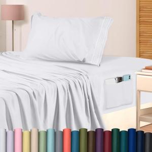 imageUtopia Bedding Queen Sheet Set Soft Microfiber 4 Piece Hotel Luxury Bed Sheets for Women Men Kids ampamp Teens with Side Storage Deep Pocket Fitted Sheet  Embroidered Pillow Cases  Flat Sheet WhiteWhite