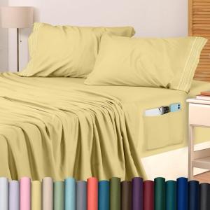 imageUtopia Bedding Queen Sheet Set Soft Microfiber 4 Piece Hotel Luxury Bed Sheets for Women Men Kids ampamp Teens with Side Storage Deep Pocket Fitted Sheet  Embroidered Pillow Cases  Flat Sheet WhiteYellow